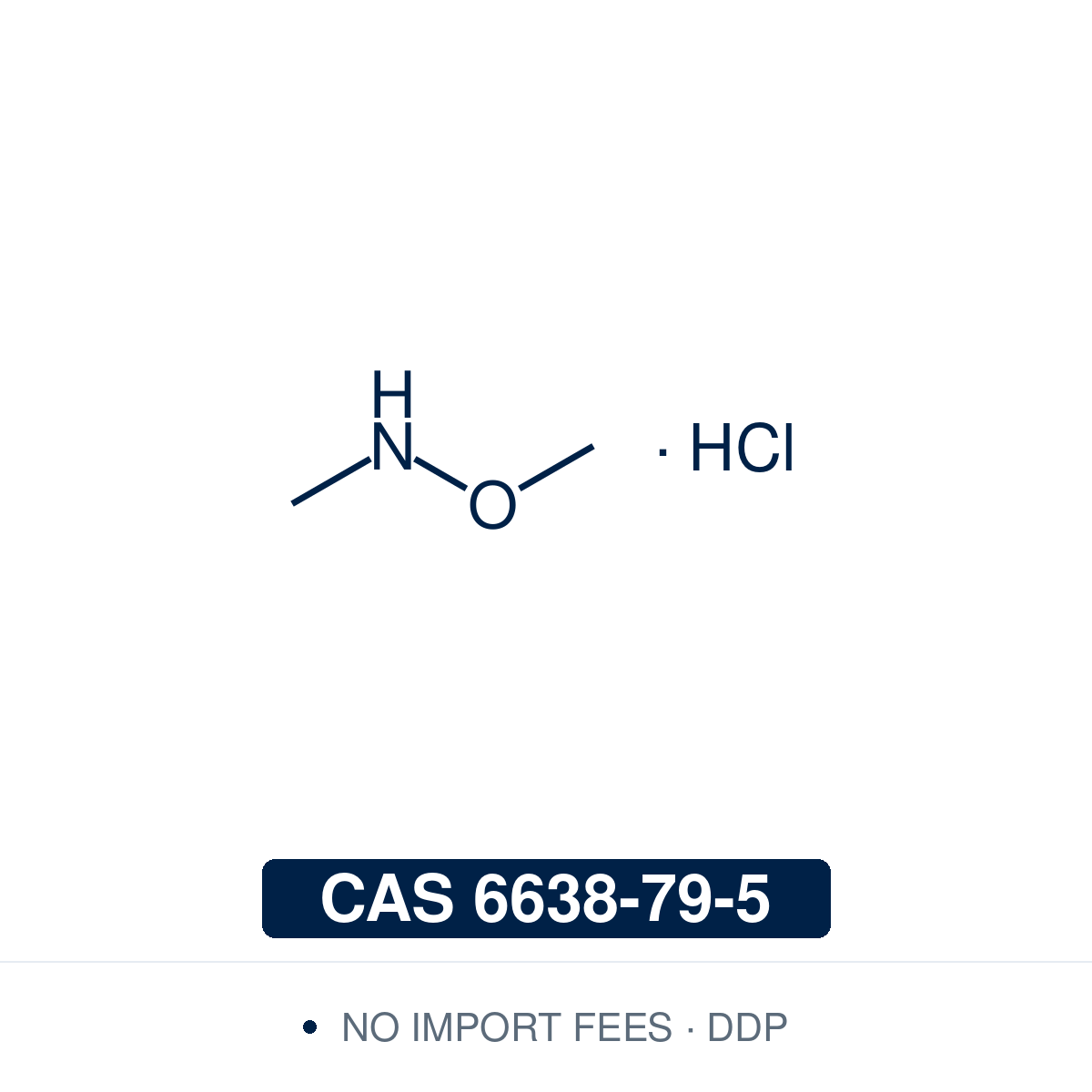 Chemical structure of Weinreb salt (N,O-dimethylhydroxylamine hydrochloride), CAS 6638-79-5, ≥98% — hydrochloride salt of N,O-dimethylhydroxylamine and the reagent for preparing Weinreb amides (N-methoxy-N-methylamides), which react with Grignard and organolithium reagents to give ketones and aldehydes without over-addition. Supplied by NorrChemica with DDP shipping. CoA and SDS provided.
