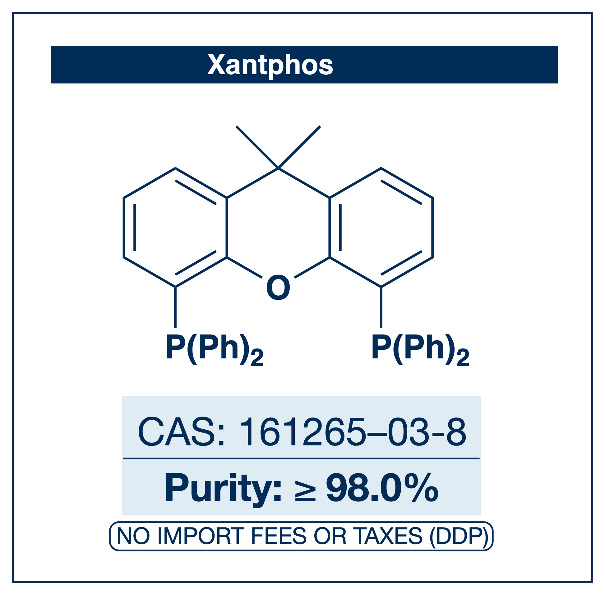 Chemical structure of 4,5-Bis(diphenylphosphino)-9,9-dimethylxanthene (Xantphos), CAS 161265-03-8, ≥98.0% — wide-bite-angle bidentate diphosphine ligand used in Pd-catalysed Buchwald–Hartwig amination, linear-selective hydroformylation, and carbonylation chemistry. Supplied by NorrChemica with DDP shipping. CoA and SDS provided.