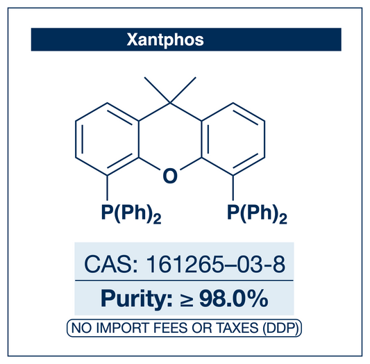 Chemical structure of 4,5-Bis(diphenylphosphino)-9,9-dimethylxanthene (Xantphos), CAS 161265-03-8, ≥98.0% — wide-bite-angle bidentate diphosphine ligand used in Pd-catalysed Buchwald–Hartwig amination, linear-selective hydroformylation, and carbonylation chemistry. Supplied by NorrChemica with DDP shipping. CoA and SDS provided.