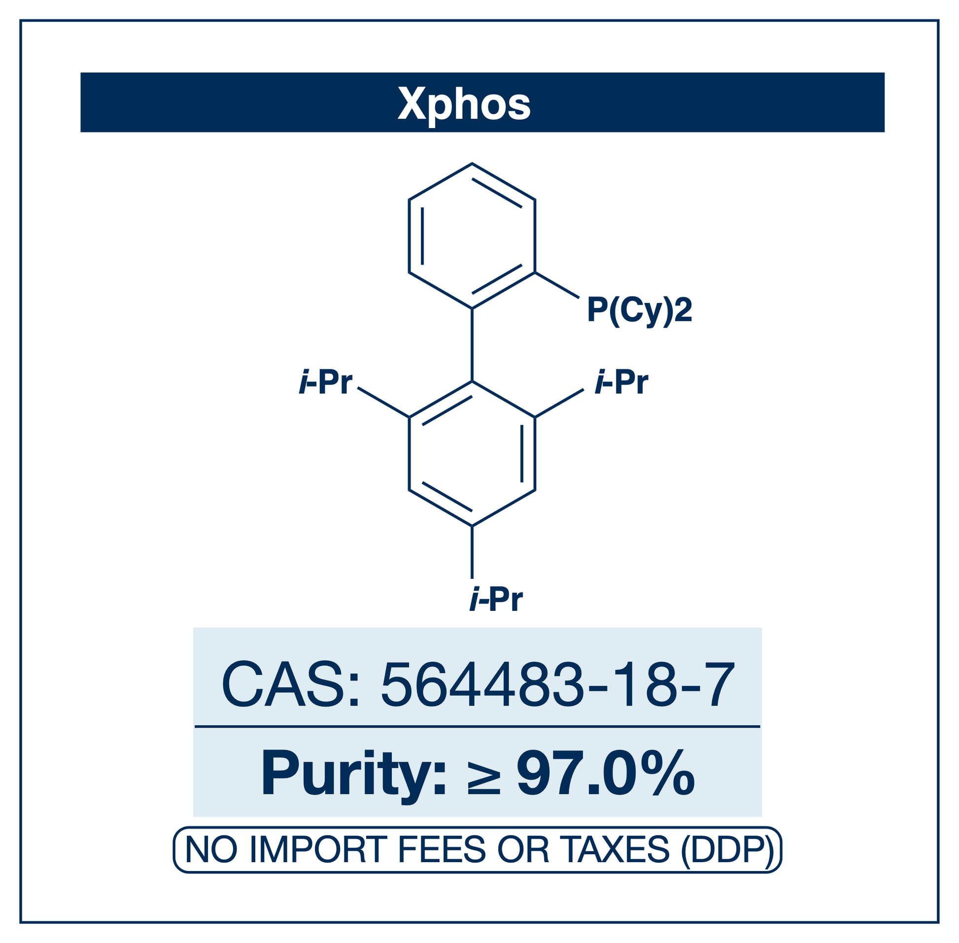 Chemical structure of XPhos (2-dicyclohexylphosphino-2',4',6'-triisopropylbiphenyl), CAS 564483-18-7, ≥97% — biaryl monophosphine ligand for Pd-catalysed Buchwald-Hartwig amination. Supplied by NorrChemica with DDP shipping. CoA and SDS provided.