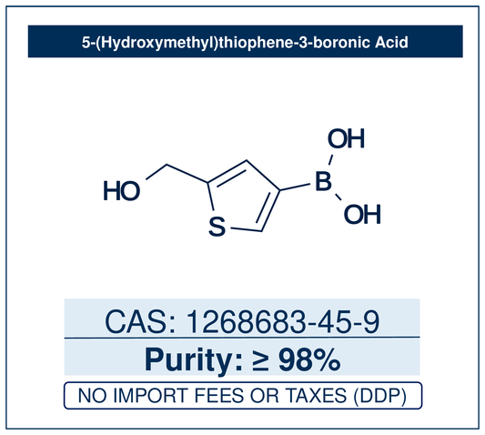 Chemical structure of 5-(Hydroxymethyl)thiophene-3-boronic Acid, CAS 1268683-45-9, ≥98% — [5-(hydroxymethyl)thiophen-3-yl]boronic acid, a Suzuki–Miyaura cross-coupling building block for 3,4-functionalised thiophenes whose hydroxymethyl handle enables further derivatisation toward conjugated materials and pharmaceutical intermediates. Supplied by NorrChemica with DDP shipping. CoA and SDS provided.