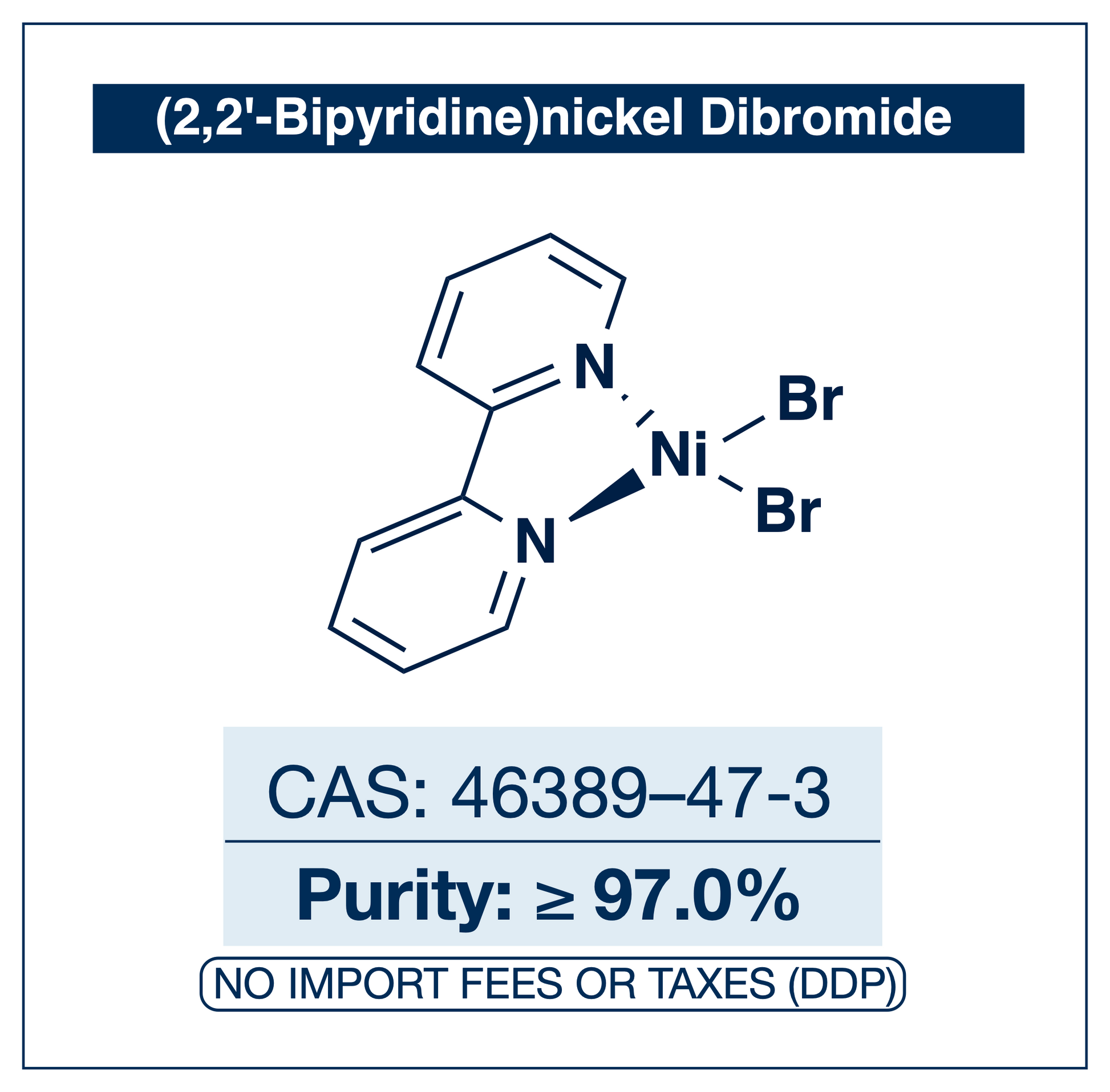 Chemical structure of (2,2'-Bipyridine)nickel dibromide, CAS 46389-47-3, ≥97.0% — bipyridine-ligated nickel(II) precatalyst used in Ni-catalysed cross-coupling, reductive coupling, and photoredox/Ni dual catalysis. Supplied by NorrChemica with DDP shipping. CoA and SDS provided.