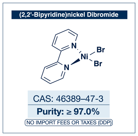 Chemical structure of (2,2'-Bipyridine)nickel dibromide, CAS 46389-47-3, ≥97.0% — bipyridine-ligated nickel(II) precatalyst used in Ni-catalysed cross-coupling, reductive coupling, and photoredox/Ni dual catalysis. Supplied by NorrChemica with DDP shipping. CoA and SDS provided.