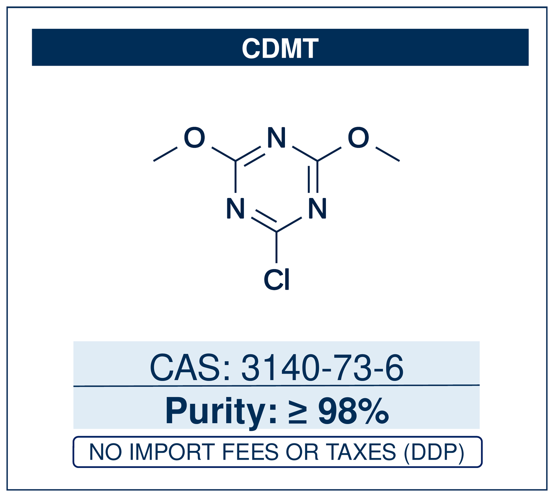 Chemical structure of CDMT, CAS 3140-73-6, ≥98% — 2-chloro-4,6-dimethoxy-1,3,5-triazine, a triazine activating reagent that, with N-methylmorpholine, forms DMTMM to couple carboxylic acids with amines and alcohols. Supplied by NorrChemica with DDP shipping. CoA and SDS provided.