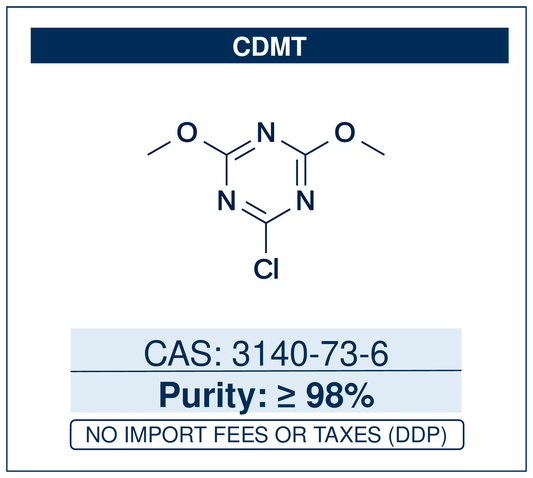 Chemical structure of CDMT, CAS 3140-73-6, ≥98% — 2-chloro-4,6-dimethoxy-1,3,5-triazine, a triazine activating reagent that, with N-methylmorpholine, forms DMTMM to couple carboxylic acids with amines and alcohols. Supplied by NorrChemica with DDP shipping. CoA and SDS provided.