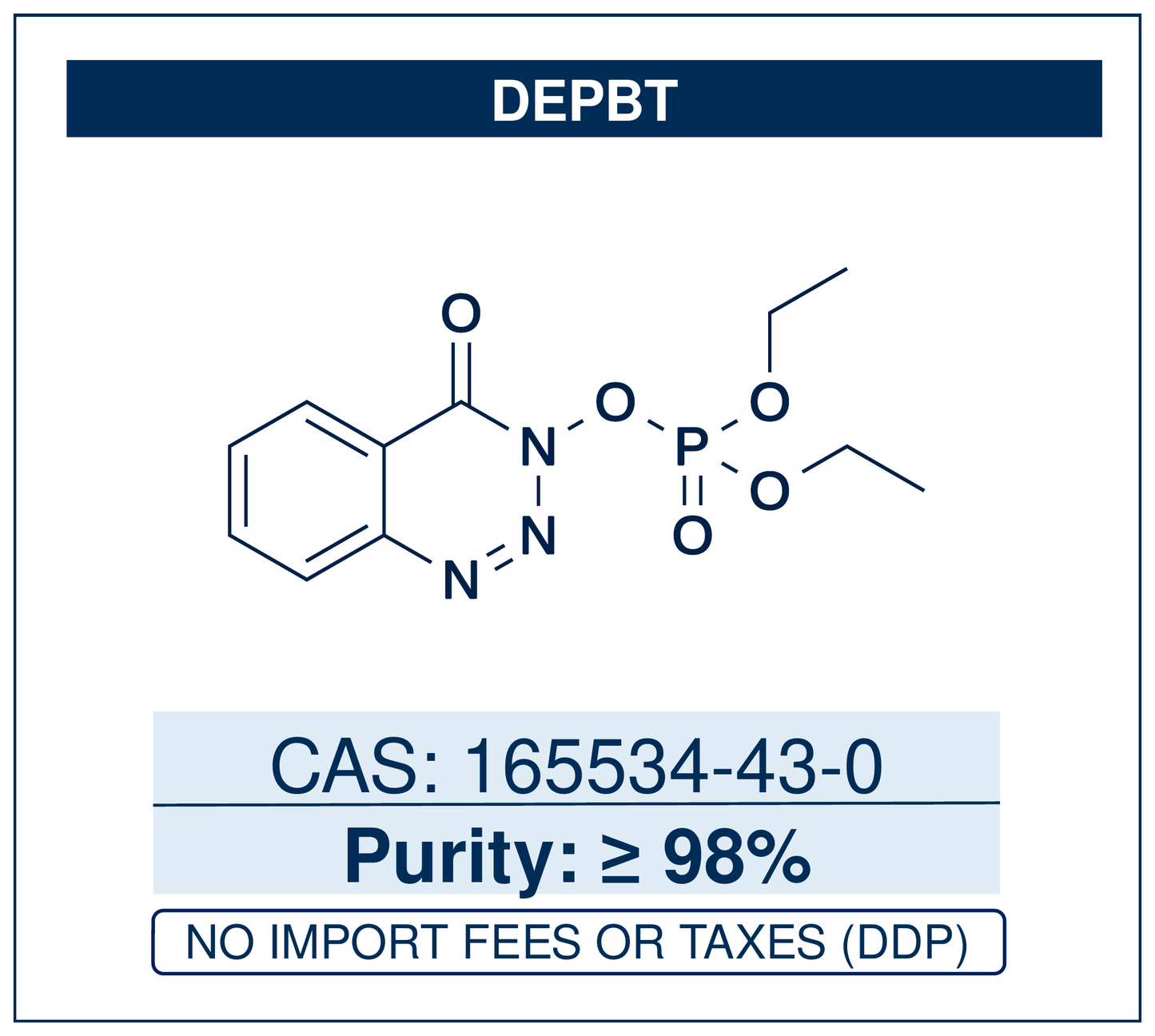 Chemical structure of DEPBT, CAS 165534-43-0, ≥98% — 3-(diethoxyphosphoryloxy)-1,2,3-benzotriazin-4(3H)-one, a racemisation-suppressing peptide coupling reagent for amide-bond formation and difficult segment couplings. Supplied by NorrChemica with DDP shipping. CoA and SDS provided.