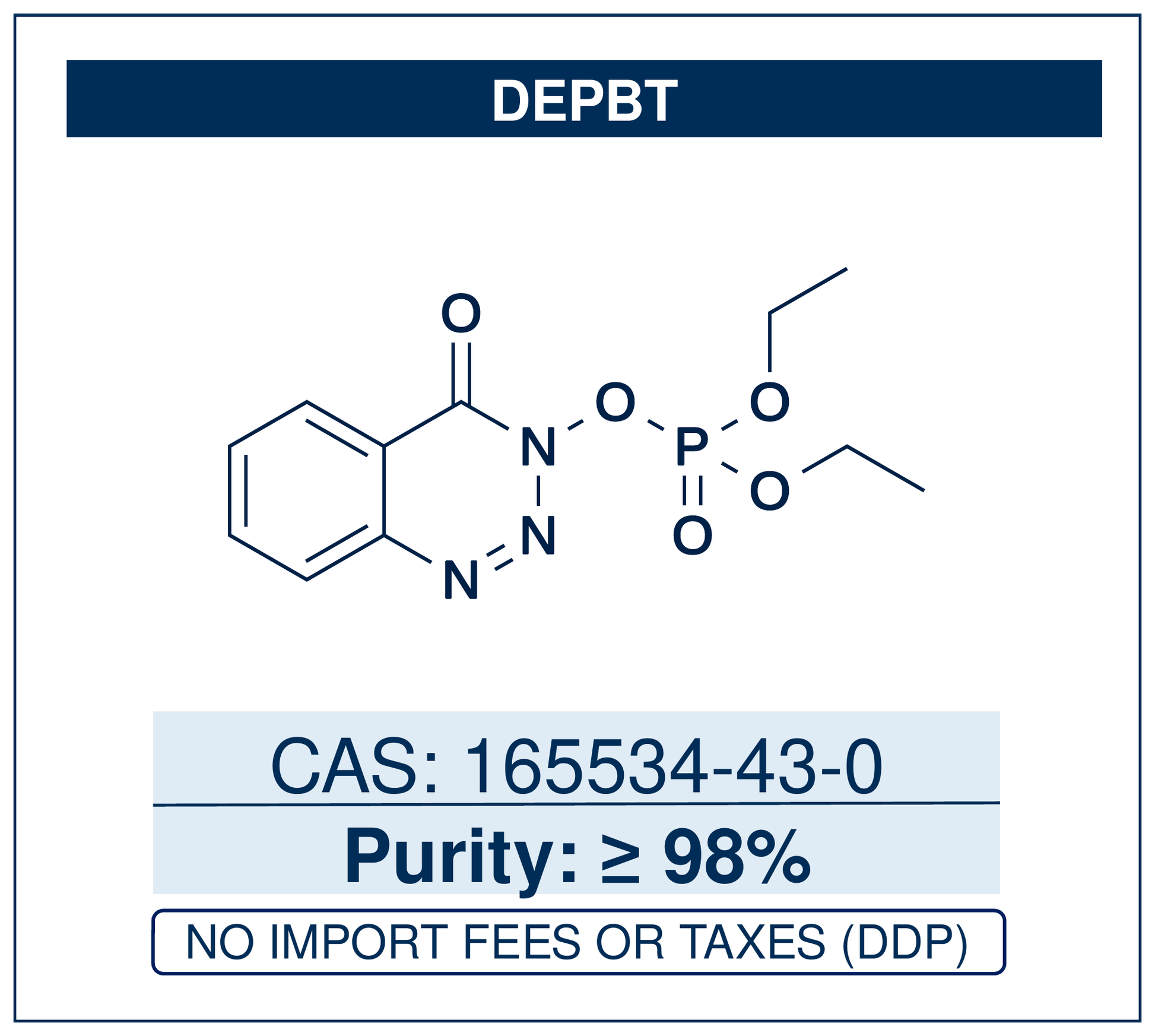 Chemical structure of DEPBT, CAS 165534-43-0, ≥98% — 3-(diethoxyphosphoryloxy)-1,2,3-benzotriazin-4(3H)-one, a racemisation-suppressing peptide coupling reagent for amide-bond formation and difficult segment couplings. Supplied by NorrChemica with DDP shipping. CoA and SDS provided.