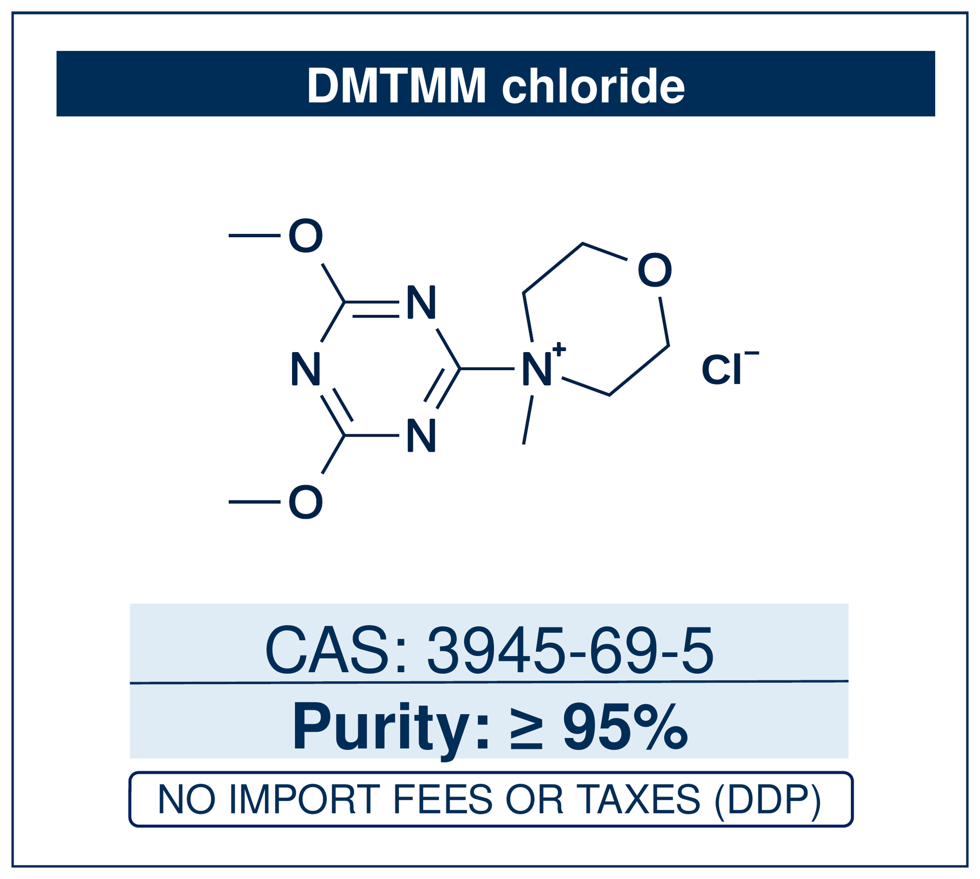 Chemical structure of DMTMM chloride, CAS 3945-69-5, ≥95% (cointaining 15% H2O) — 4-(4,6-dimethoxy-1,3,5-triazin-2-yl)-4-methylmorpholinium chloride, a triazine coupling reagent for amide and ester formation that works in water and protic solvents. Supplied by NorrChemica with DDP shipping. CoA and SDS provided.