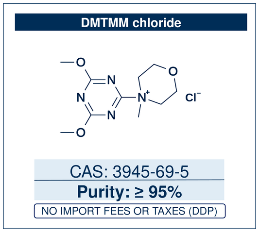 Chemical structure of DMTMM chloride, CAS 3945-69-5, ≥95% (cointaining 15% H2O) — 4-(4,6-dimethoxy-1,3,5-triazin-2-yl)-4-methylmorpholinium chloride, a triazine coupling reagent for amide and ester formation that works in water and protic solvents. Supplied by NorrChemica with DDP shipping. CoA and SDS provided.