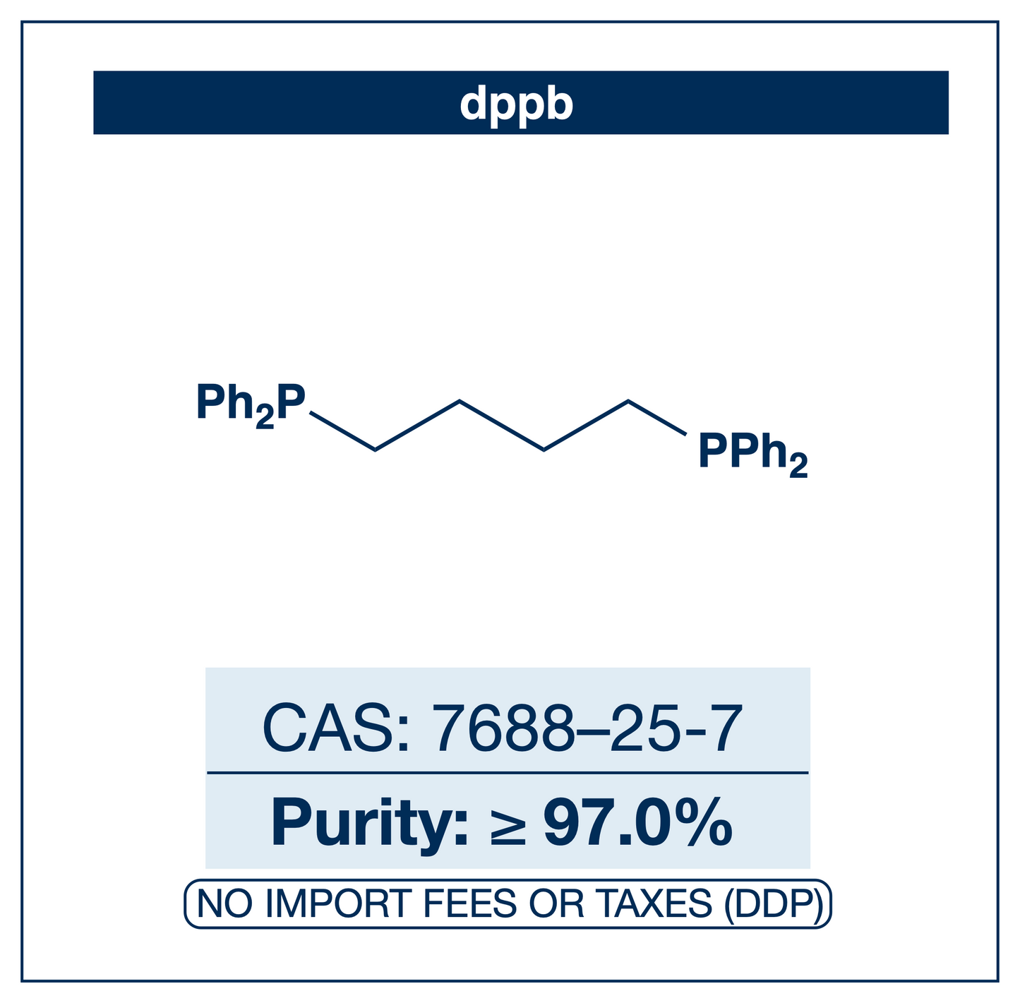 Chemical structure of dppb (1,4-bis(diphenylphosphino)butane), CAS 7688-25-7, ≥97% — flexible bidentate diphosphine ligand for palladium- and nickel-catalysed cross-coupling. Supplied by NorrChemica with DDP shipping. CoA and SDS provided.