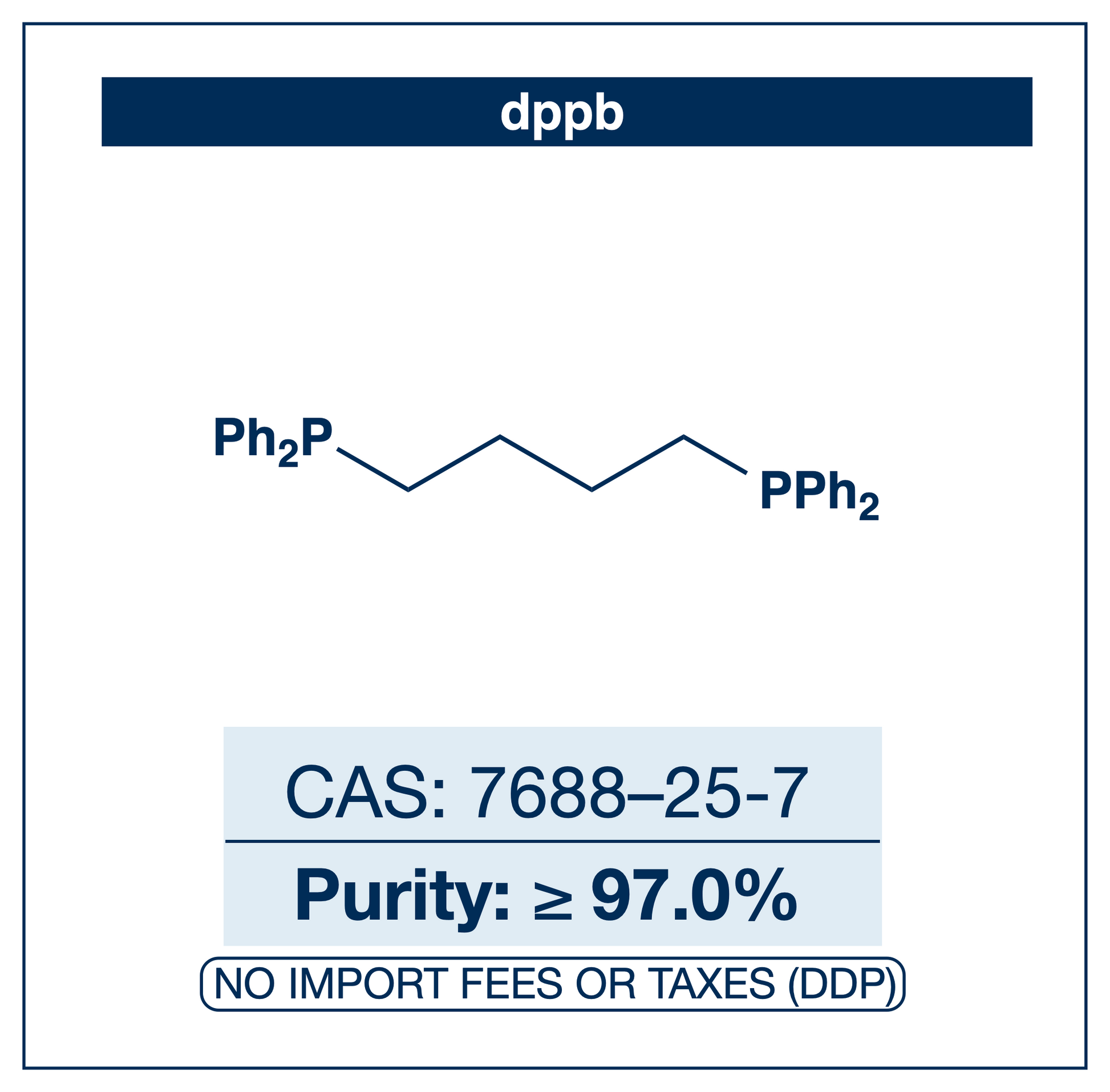 Chemical structure of dppb (1,4-bis(diphenylphosphino)butane), CAS 7688-25-7, ≥97% — flexible bidentate diphosphine ligand for palladium- and nickel-catalysed cross-coupling. Supplied by NorrChemica with DDP shipping. CoA and SDS provided.