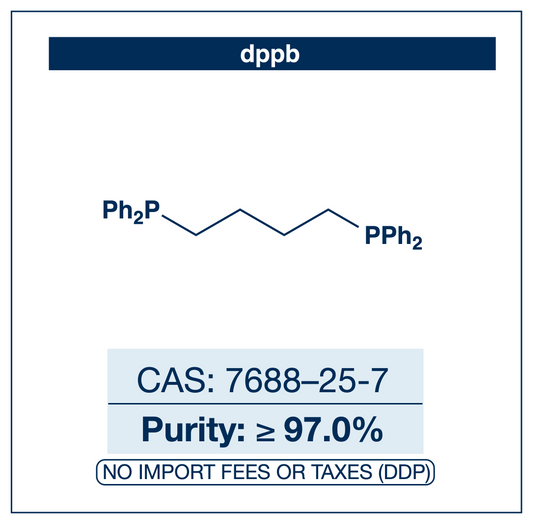 Chemical structure of dppb (1,4-bis(diphenylphosphino)butane), CAS 7688-25-7, ≥97% — flexible bidentate diphosphine ligand for palladium- and nickel-catalysed cross-coupling. Supplied by NorrChemica with DDP shipping. CoA and SDS provided.