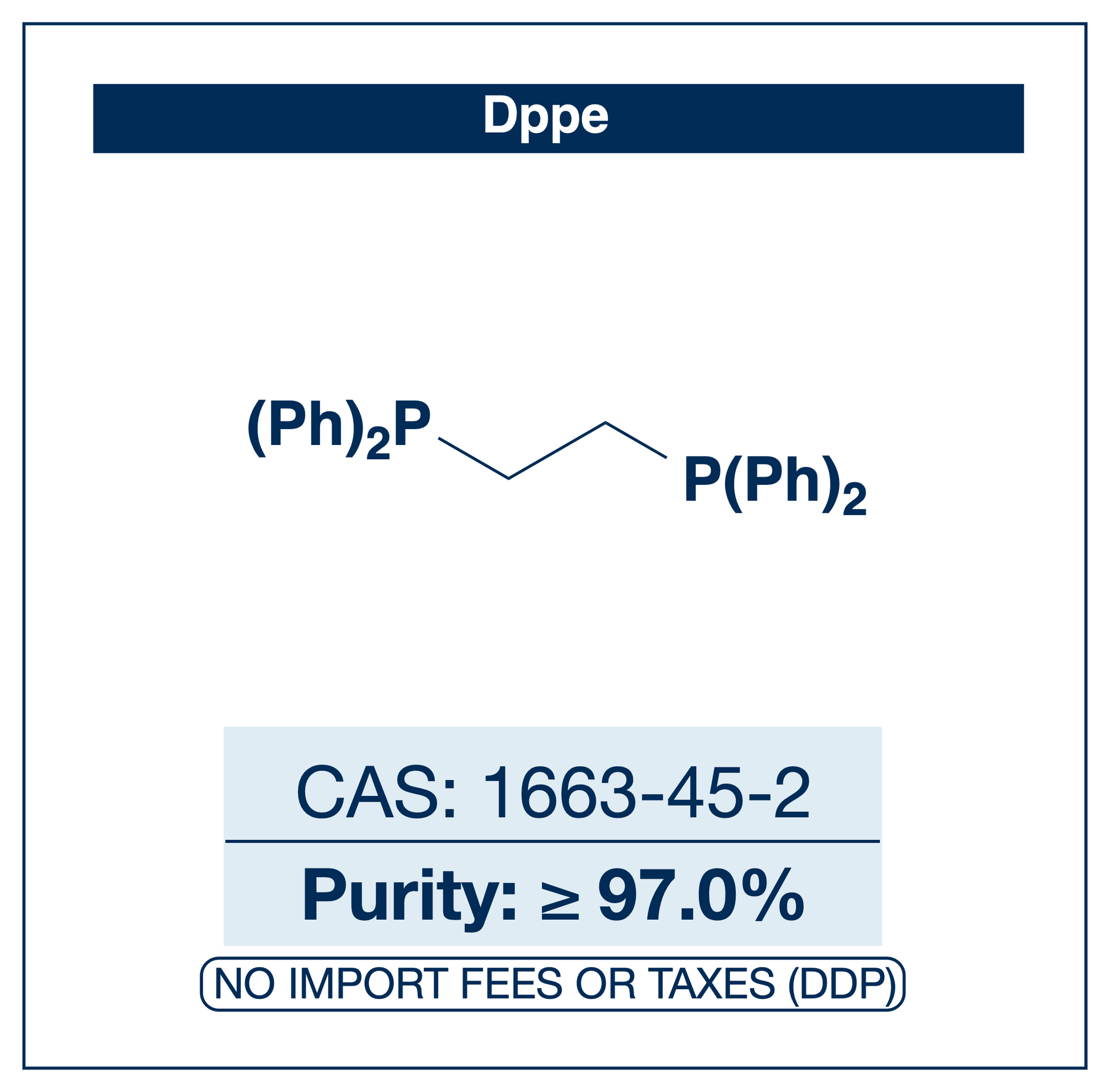 Chemical structure of 1,2-Bis(diphenylphosphino)ethane (dppe), CAS 1663-45-2, ≥97.0% — bidentate diphosphine ligand for transition-metal complexation used in homogeneous catalysis, cross-coupling, and hydrogenation chemistry. Supplied by NorrChemica with DDP shipping. CoA and SDS provided.