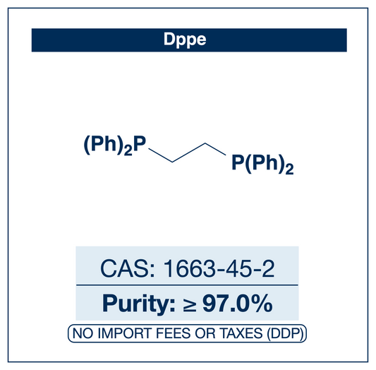Chemical structure of 1,2-Bis(diphenylphosphino)ethane (dppe), CAS 1663-45-2, ≥97.0% — bidentate diphosphine ligand for transition-metal complexation used in homogeneous catalysis, cross-coupling, and hydrogenation chemistry. Supplied by NorrChemica with DDP shipping. CoA and SDS provided.