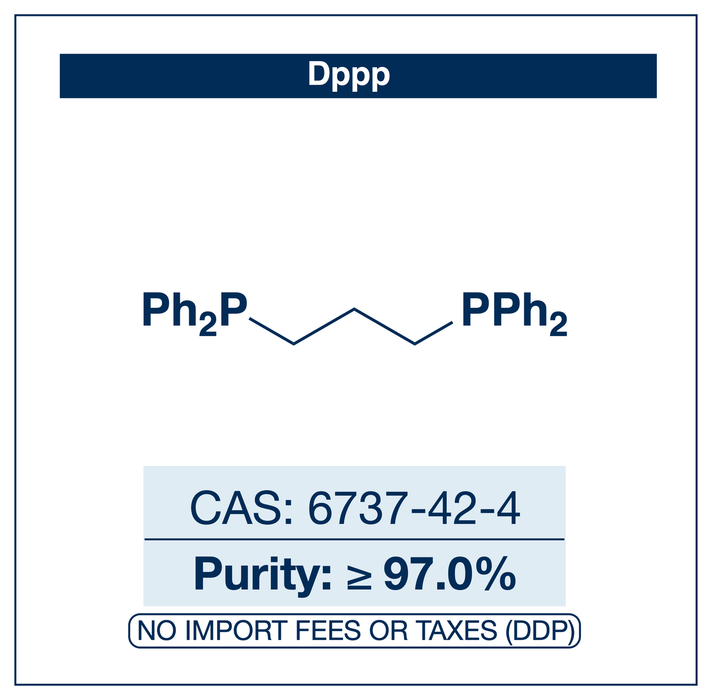 Chemical structure of dppp (1,3-bis(diphenylphosphino)propane), CAS 6737-42-4, ≥97% — bidentate diphosphine ligand for metal-catalysed cross-coupling. Supplied by NorrChemica with DDP shipping. CoA and SDS provided.
