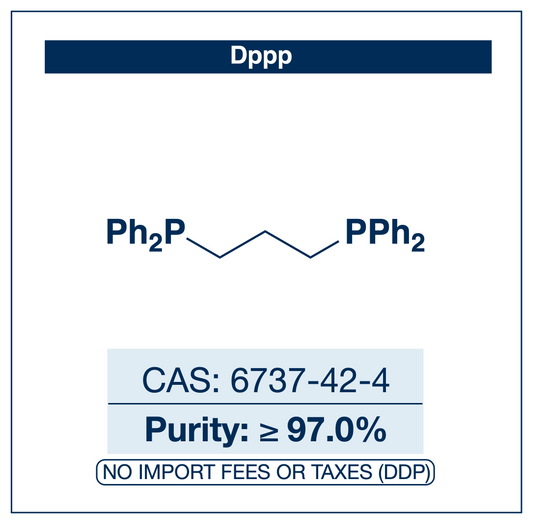 Chemical structure of dppp (1,3-bis(diphenylphosphino)propane), CAS 6737-42-4, ≥97% — bidentate diphosphine ligand for metal-catalysed cross-coupling. Supplied by NorrChemica with DDP shipping. CoA and SDS provided.
