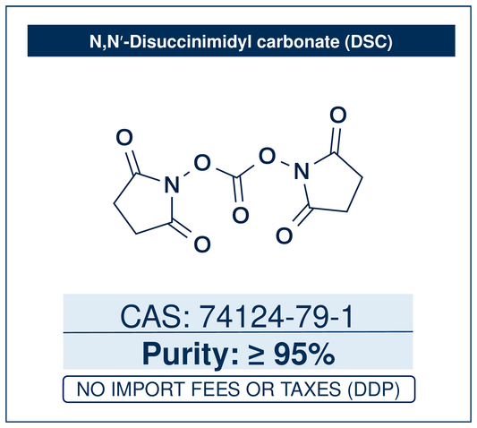 Chemical structure of N,N′-Disuccinimidyl carbonate (DSC), CAS 74124-79-1, ≥95% — bis(2,5-dioxopyrrolidin-1-yl) carbonate, a carbonyl-transfer reagent that activates alcohols and amines as NHS carbonates and carbamates for conjugation and surface functionalisation. Supplied by NorrChemica with DDP shipping. CoA and SDS provided.