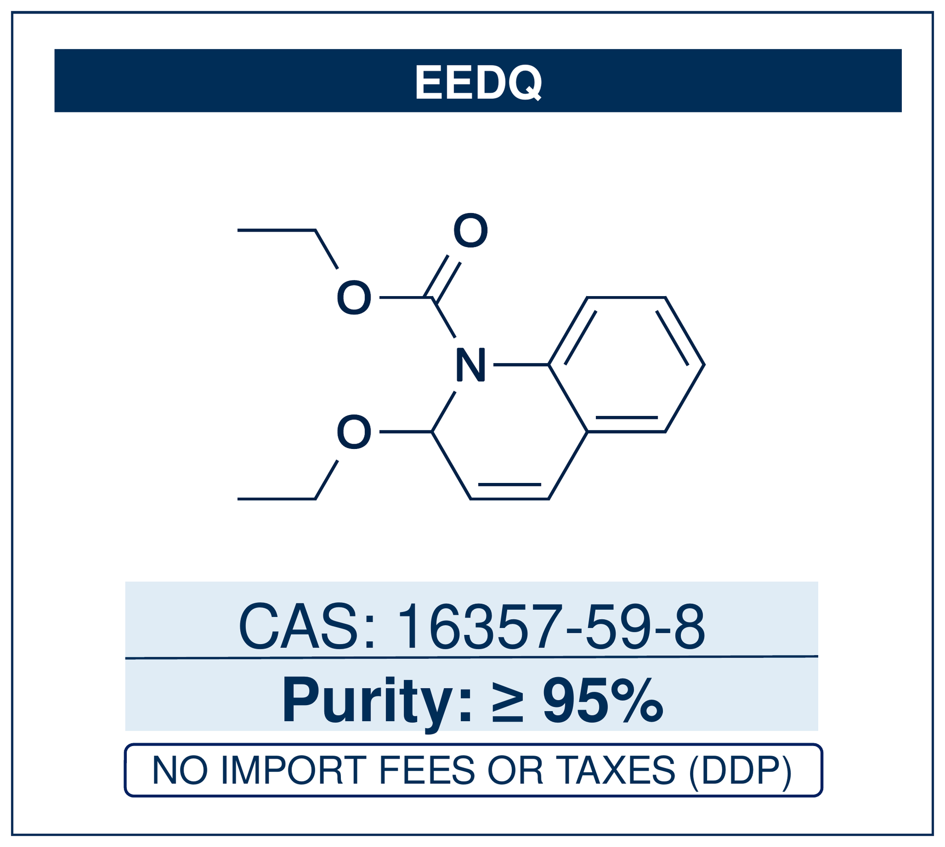 Chemical structure of EEDQ, CAS 16357-59-8, ≥95% — 2-ethoxy-1-(ethoxycarbonyl)-1,2-dihydroquinoline, a mild carboxylic-acid activating reagent that forms a mixed anhydride in situ for low-racemisation amide and peptide bond formation. Supplied by NorrChemica with DDP shipping. CoA and SDS provided.