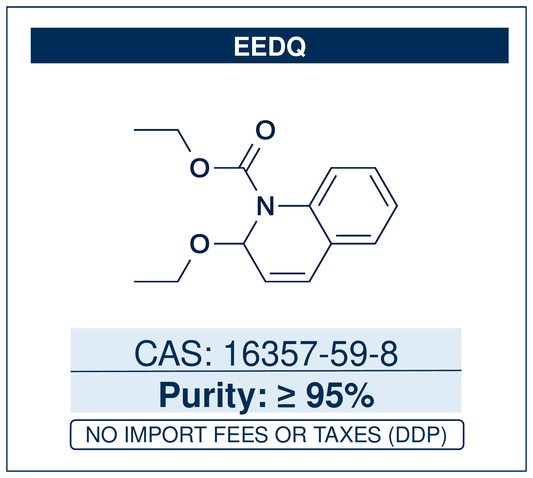 Chemical structure of EEDQ, CAS 16357-59-8, ≥95% — 2-ethoxy-1-(ethoxycarbonyl)-1,2-dihydroquinoline, a mild carboxylic-acid activating reagent that forms a mixed anhydride in situ for low-racemisation amide and peptide bond formation. Supplied by NorrChemica with DDP shipping. CoA and SDS provided.