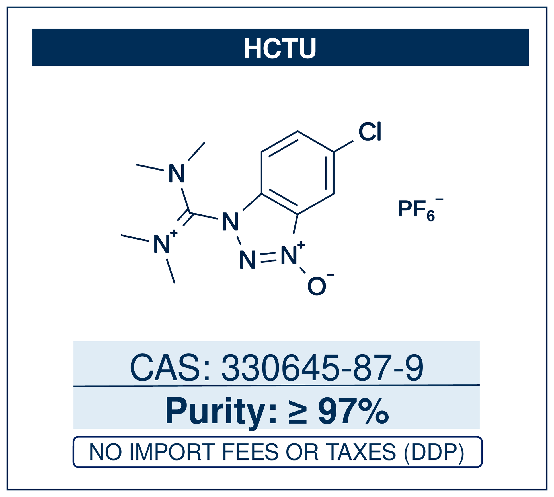Chemical structure of HCTU, CAS 330645-87-9, ≥97% — O-(6-chloro-1H-benzotriazol-1-yl)-N,N,N',N'-tetramethyluronium hexafluorophosphate, a 6-Cl-HOBt-based uronium coupling reagent that activates carboxylic acids for fast, low-racemisation amide-bond formation in solid- and solution-phase peptide synthesis. Supplied by NorrChemica with DDP shipping. CoA and SDS provided.