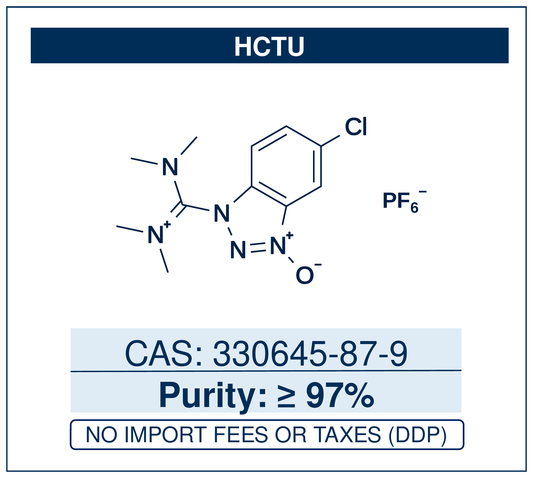 Chemical structure of HCTU, CAS 330645-87-9, ≥97% — O-(6-chloro-1H-benzotriazol-1-yl)-N,N,N',N'-tetramethyluronium hexafluorophosphate, a 6-Cl-HOBt-based uronium coupling reagent that activates carboxylic acids for fast, low-racemisation amide-bond formation in solid- and solution-phase peptide synthesis. Supplied by NorrChemica with DDP shipping. CoA and SDS provided.