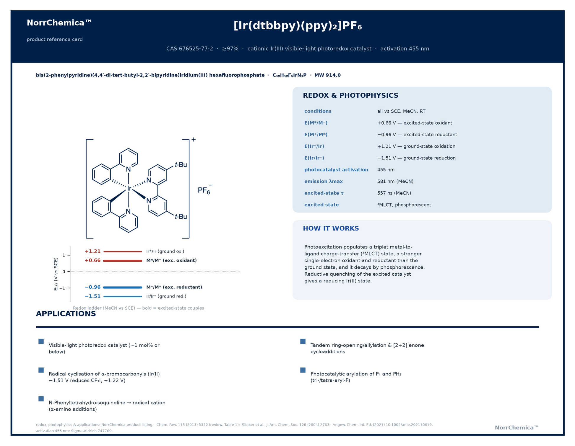 Chemical structure of [Ir(dtbbpy)(ppy)2]PF6, CAS 676525-77-2, ≥97% — cationic iridium(III) photoredox catalyst for visible-light organic synthesis. Supplied by NorrChemica with DDP shipping. CoA and SDS provided.