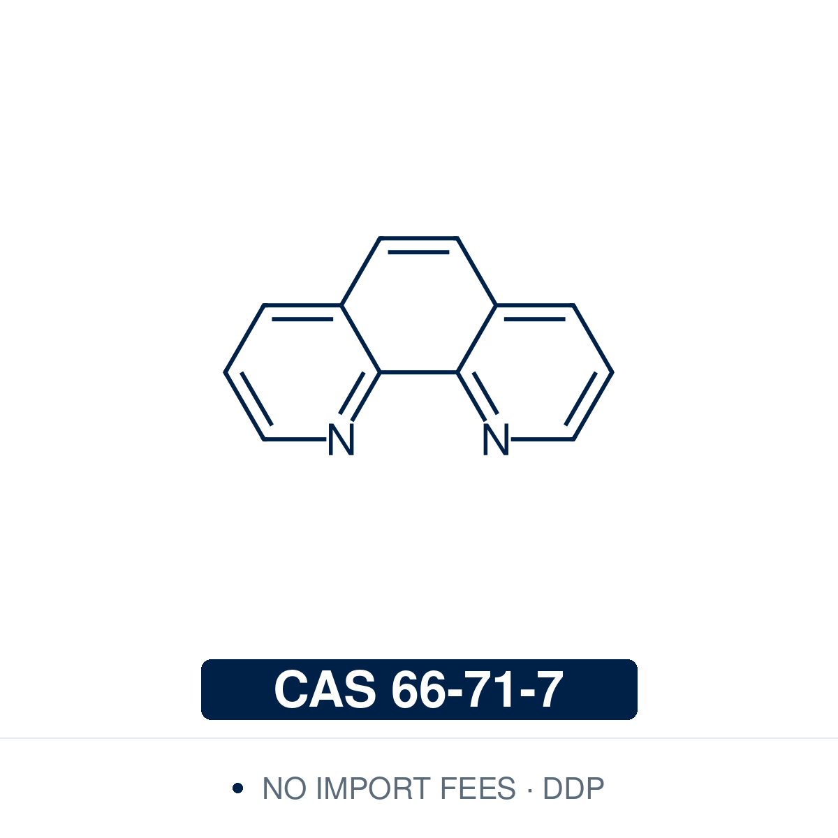Chemical structure of o-Phenanthroline (1,10-phenanthroline, phen), CAS 66-71-7, ≥98% — rigid bidentate N,N-chelating ligand whose two fused pyridine nitrogens are locked coplanar; used in copper- and nickel-catalysed coupling, photoredox and ATRP catalysis, as a redox indicator, and for spectrophotometric determination of iron(II). Supplied by NorrChemica with DDP shipping. CoA and SDS provided.