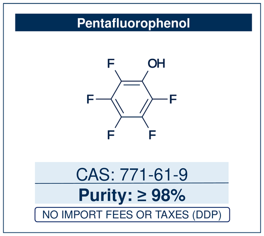 Chemical structure of Pentafluorophenol, CAS 771-61-9, ≥98% — 2,3,4,5,6-pentafluorophenol, used to form activated pentafluorophenyl (PFP) esters of carboxylic acids for amide-bond formation and peptide coupling. Supplied by NorrChemica with DDP shipping. CoA and SDS provided.