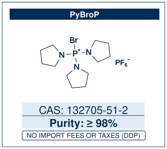 Chemical structure of PyBroP, CAS 132705-51-2, ≥98% — bromotris(pyrrolidin-1-yl)phosphonium hexafluorophosphate, a phosphonium coupling reagent for difficult and hindered amide bonds, including N-methyl amino acids, and ester or heteroaryl activation. Supplied by NorrChemica with DDP shipping. CoA and SDS provided.