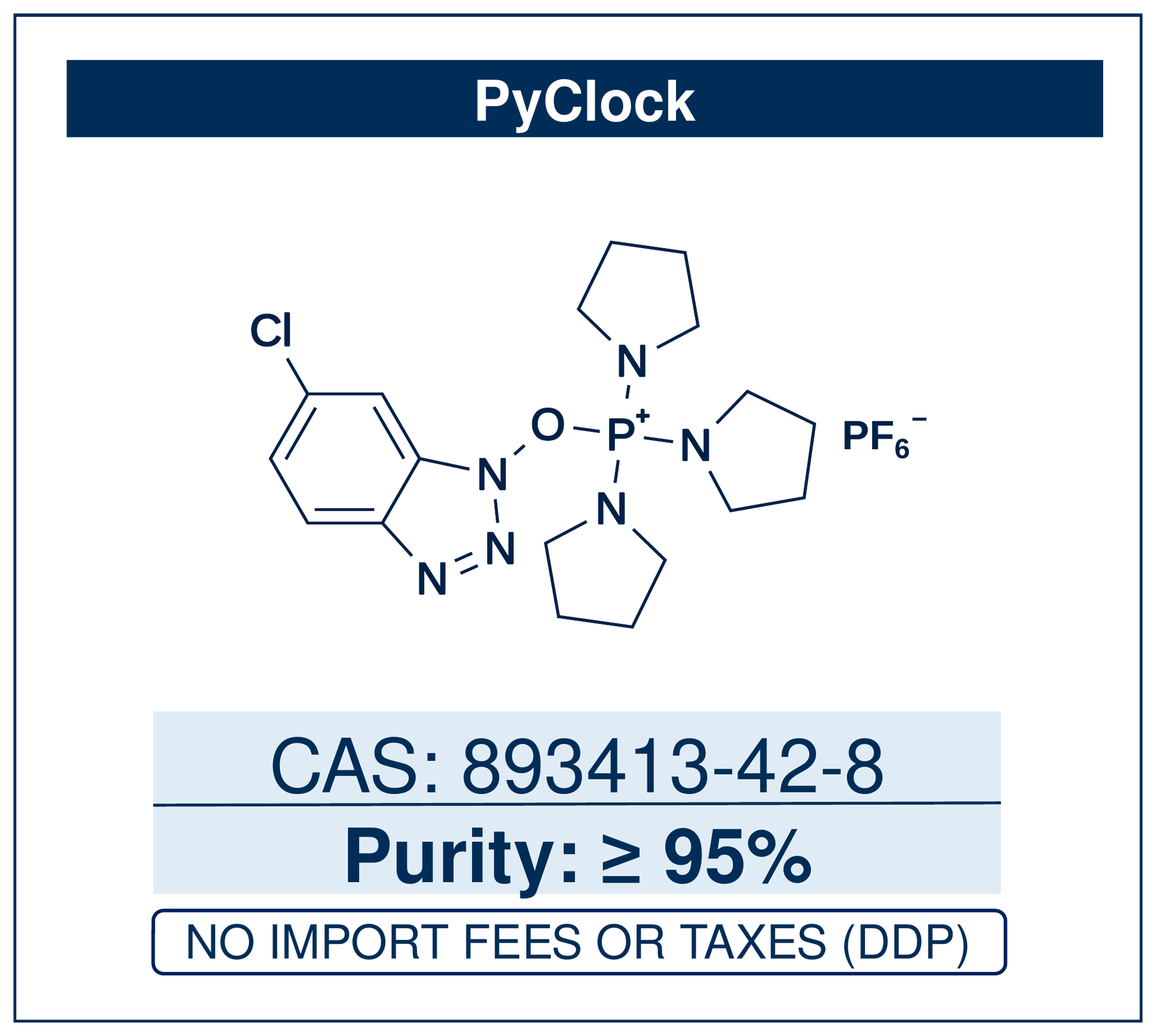 Chemical structure of PyClock, CAS 893413-42-8, ≥95% — (6-chlorobenzotriazol-1-yloxy)tripyrrolidinophosphonium hexafluorophosphate, a fast 6-Cl-HOBt-based phosphonium coupling reagent for efficient, low-racemisation peptide bond formation. Supplied by NorrChemica with DDP shipping. CoA and SDS provided.