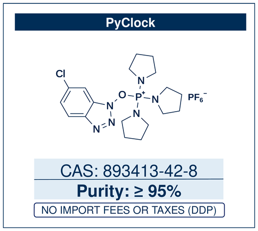 Chemical structure of PyClock, CAS 893413-42-8, ≥95% — (6-chlorobenzotriazol-1-yloxy)tripyrrolidinophosphonium hexafluorophosphate, a fast 6-Cl-HOBt-based phosphonium coupling reagent for efficient, low-racemisation peptide bond formation. Supplied by NorrChemica with DDP shipping. CoA and SDS provided.