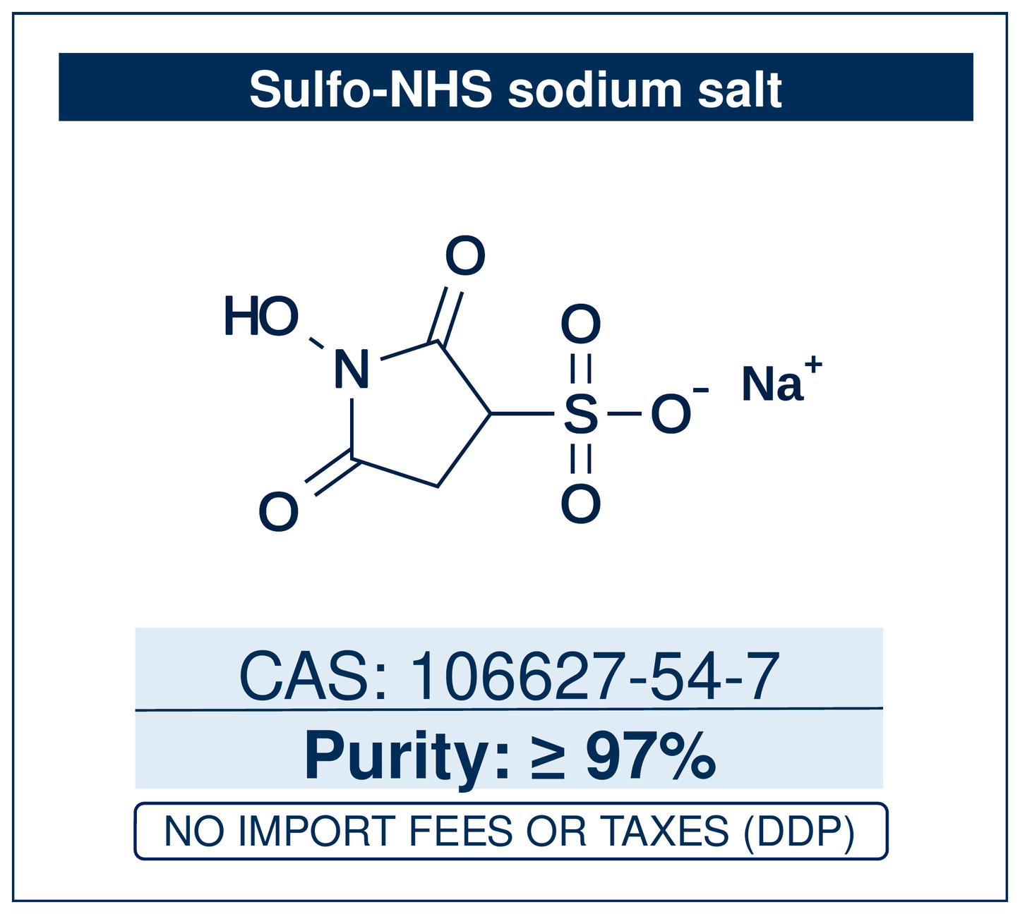 Chemical structure of Sulfo-NHS sodium salt, CAS 106627-54-7, ≥97% — sodium 1-hydroxy-2,5-dioxopyrrolidine-3-sulfonate, a water-soluble additive that stabilises EDC-activated carboxylic acids as sulfo-NHS esters for efficient aqueous amine bioconjugation. Supplied by NorrChemica with DDP shipping. CoA and SDS provided.