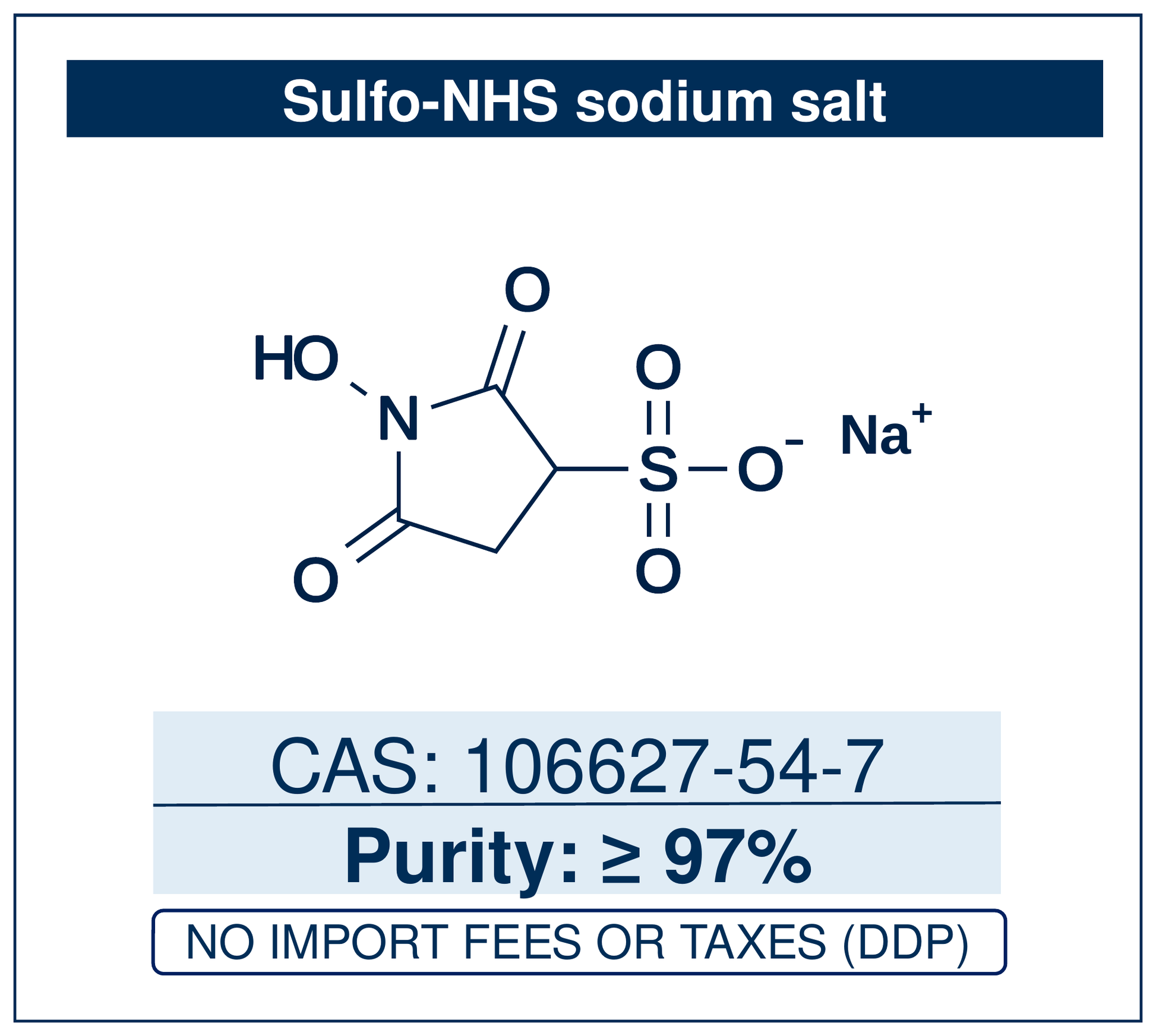 Chemical structure of Sulfo-NHS sodium salt, CAS 106627-54-7, ≥97% — sodium 1-hydroxy-2,5-dioxopyrrolidine-3-sulfonate, a water-soluble additive that stabilises EDC-activated carboxylic acids as sulfo-NHS esters for efficient aqueous amine bioconjugation. Supplied by NorrChemica with DDP shipping. CoA and SDS provided.