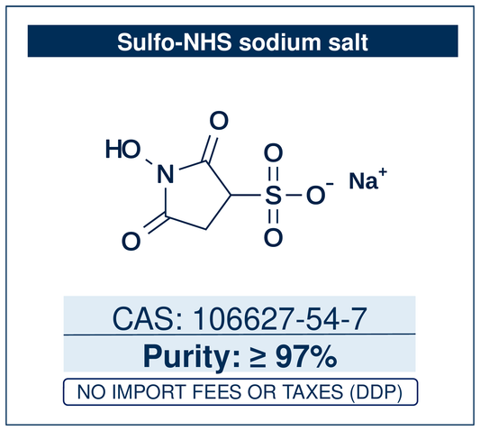 Chemical structure of Sulfo-NHS sodium salt, CAS 106627-54-7, ≥97% — sodium 1-hydroxy-2,5-dioxopyrrolidine-3-sulfonate, a water-soluble additive that stabilises EDC-activated carboxylic acids as sulfo-NHS esters for efficient aqueous amine bioconjugation. Supplied by NorrChemica with DDP shipping. CoA and SDS provided.