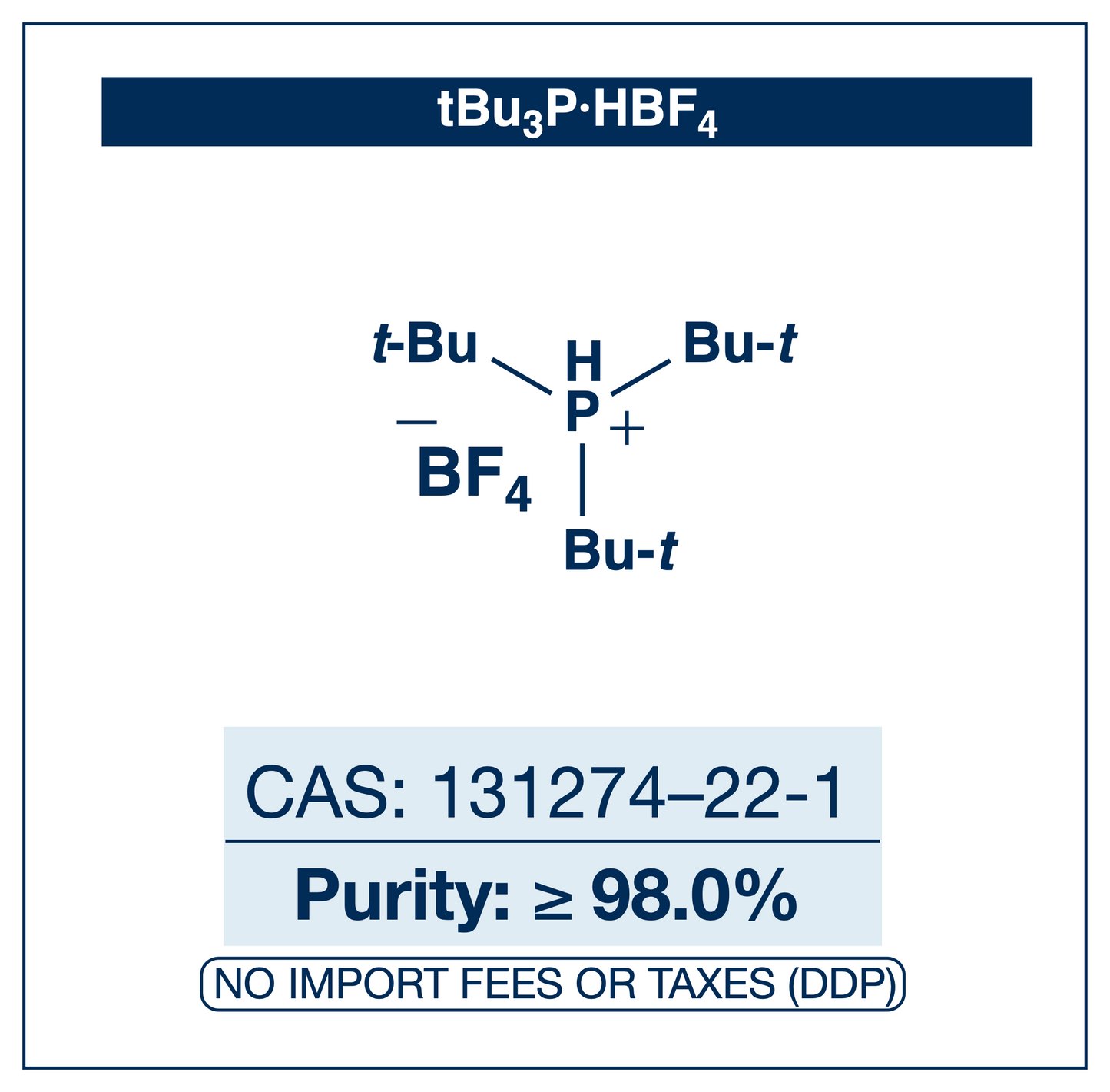 Chemical structure of tBu3P·HBF4 (tri-tert-butylphosphonium tetrafluoroborate), CAS 131274-22-1, ≥98% — air-stable, non-pyrophoric equivalent of tri-tert-butylphosphine P(t-Bu)3, a bulky electron-rich ligand for palladium-catalysed cross-coupling. Supplied by NorrChemica with DDP shipping. CoA and SDS provided.