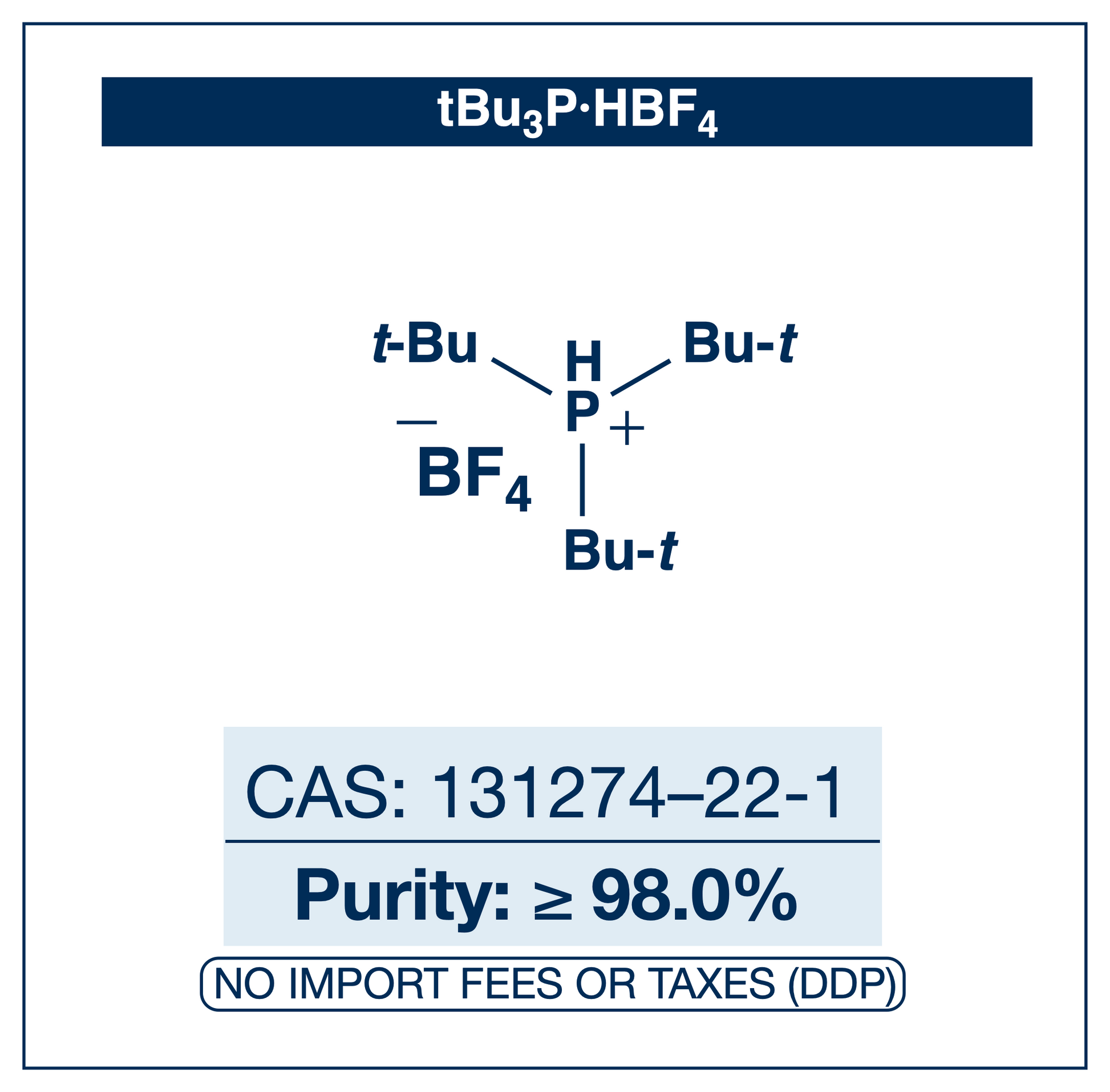 Chemical structure of tBu3P·HBF4 (tri-tert-butylphosphonium tetrafluoroborate), CAS 131274-22-1, ≥98% — air-stable, non-pyrophoric equivalent of tri-tert-butylphosphine P(t-Bu)3, a bulky electron-rich ligand for palladium-catalysed cross-coupling. Supplied by NorrChemica with DDP shipping. CoA and SDS provided.
