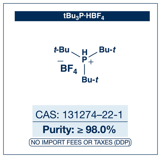 Chemical structure of tBu3P·HBF4 (tri-tert-butylphosphonium tetrafluoroborate), CAS 131274-22-1, ≥98% — air-stable, non-pyrophoric equivalent of tri-tert-butylphosphine P(t-Bu)3, a bulky electron-rich ligand for palladium-catalysed cross-coupling. Supplied by NorrChemica with DDP shipping. CoA and SDS provided.