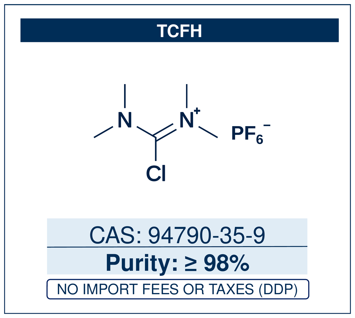 Chemical structure of TCFH, CAS 94790-35-9, ≥98% — chloro-N,N,N',N'-tetramethylformamidinium hexafluorophosphate, an amide-coupling reagent that, paired with N-methylimidazole, enables rapid carboxylic acid–amine couplings across broad substrate scope. Supplied by NorrChemica with DDP shipping. CoA and SDS provided.