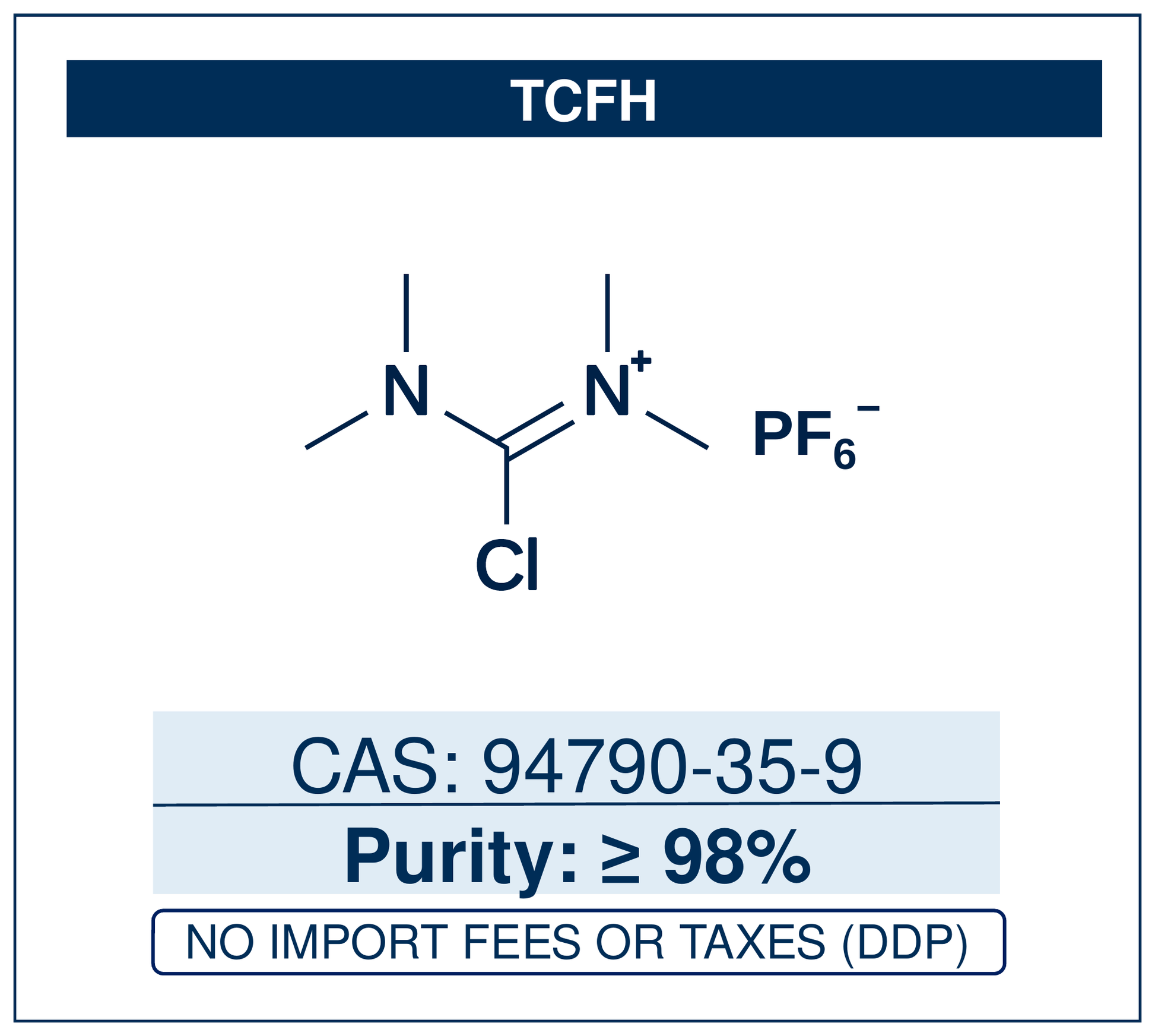 Chemical structure of TCFH, CAS 94790-35-9, ≥98% — chloro-N,N,N',N'-tetramethylformamidinium hexafluorophosphate, an amide-coupling reagent that, paired with N-methylimidazole, enables rapid carboxylic acid–amine couplings across broad substrate scope. Supplied by NorrChemica with DDP shipping. CoA and SDS provided.