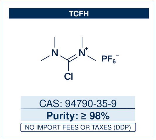 Chemical structure of TCFH, CAS 94790-35-9, ≥98% — chloro-N,N,N',N'-tetramethylformamidinium hexafluorophosphate, an amide-coupling reagent that, paired with N-methylimidazole, enables rapid carboxylic acid–amine couplings across broad substrate scope. Supplied by NorrChemica with DDP shipping. CoA and SDS provided.