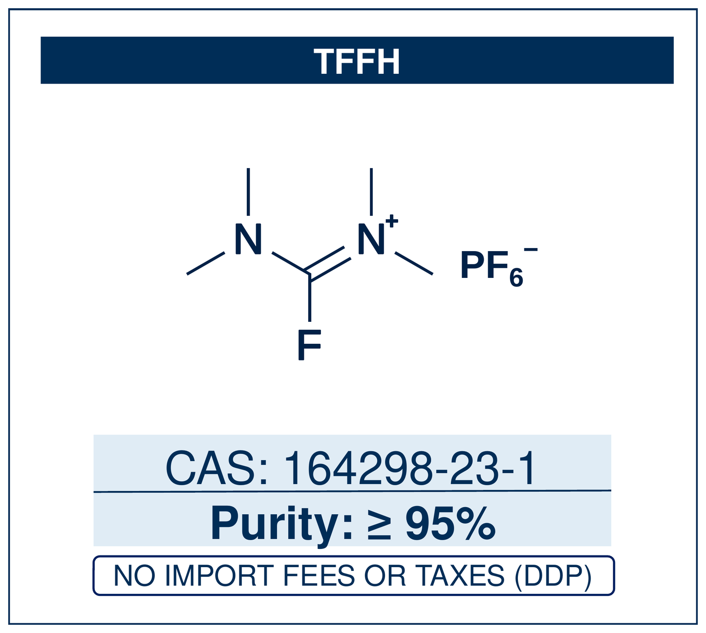 Chemical structure of TFFH, CAS 164298-23-1, ≥95% — fluoro-N,N,N',N'-tetramethylformamidinium hexafluorophosphate, a coupling reagent that converts carboxylic acids to acyl fluorides in situ for amide-bond formation, including hindered and N-methyl amino acids. Supplied by NorrChemica with DDP shipping. CoA and SDS provided.