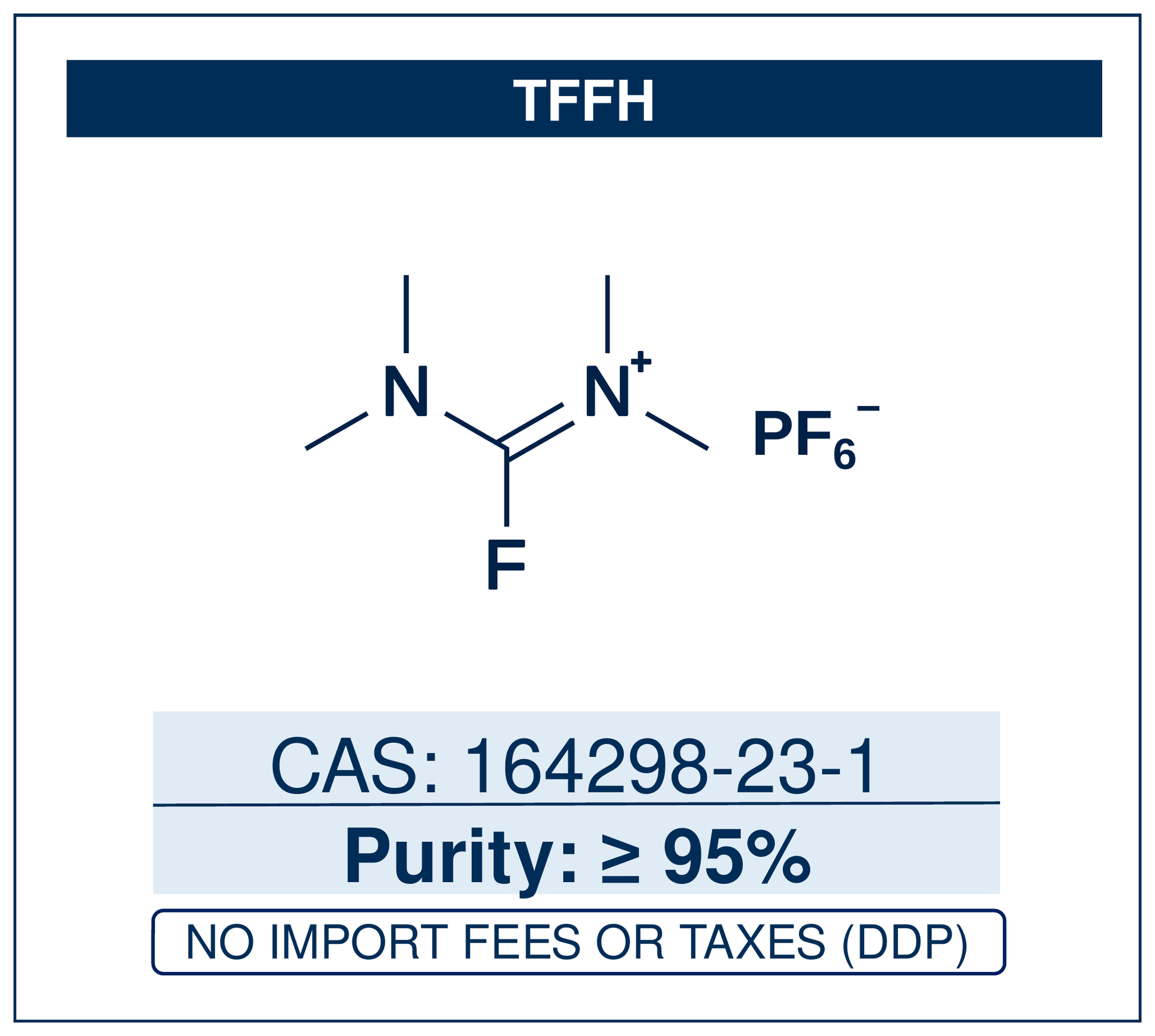 Chemical structure of TFFH, CAS 164298-23-1, ≥95% — fluoro-N,N,N',N'-tetramethylformamidinium hexafluorophosphate, a coupling reagent that converts carboxylic acids to acyl fluorides in situ for amide-bond formation, including hindered and N-methyl amino acids. Supplied by NorrChemica with DDP shipping. CoA and SDS provided.