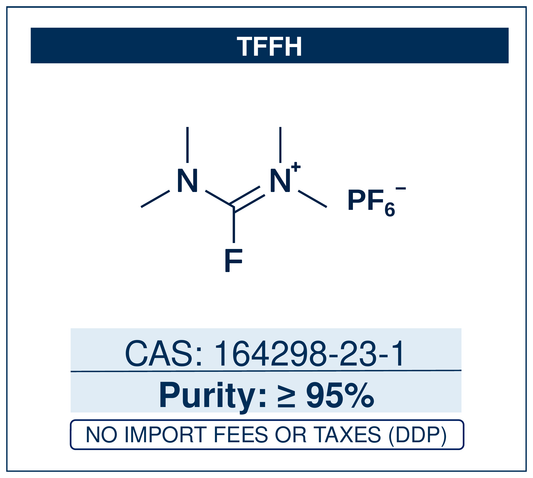Chemical structure of TFFH, CAS 164298-23-1, ≥95% — fluoro-N,N,N',N'-tetramethylformamidinium hexafluorophosphate, a coupling reagent that converts carboxylic acids to acyl fluorides in situ for amide-bond formation, including hindered and N-methyl amino acids. Supplied by NorrChemica with DDP shipping. CoA and SDS provided.