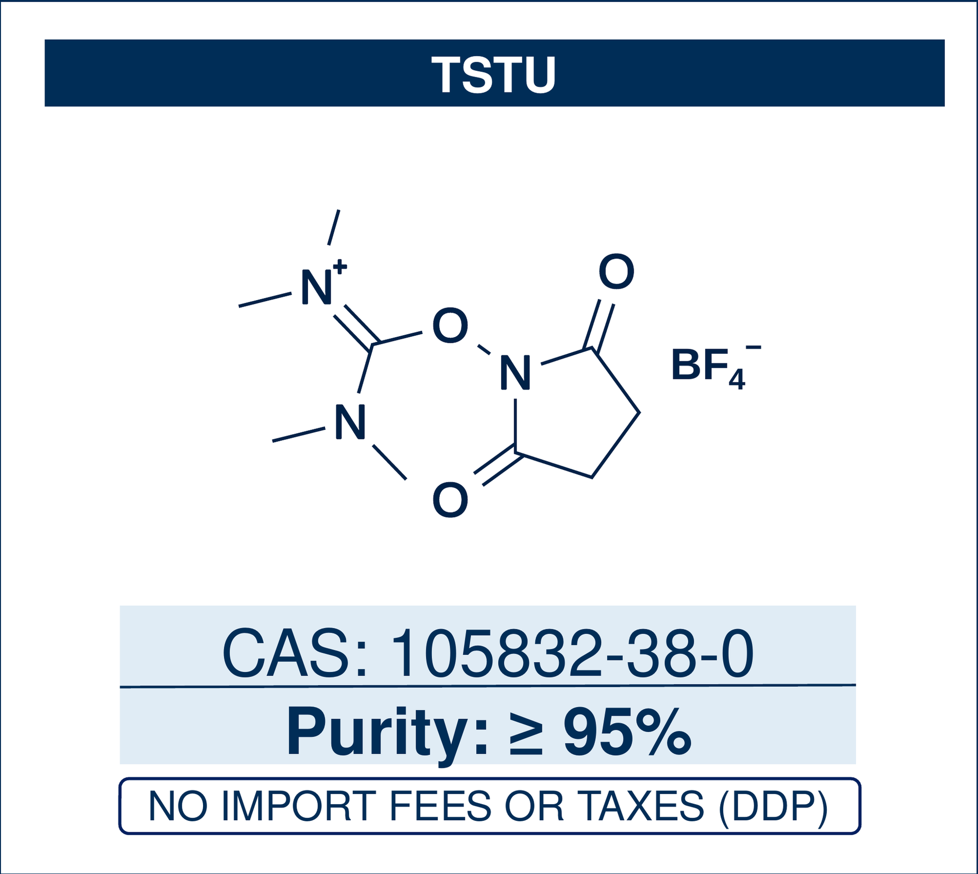 Chemical structure of TSTU, CAS 105832-38-0, ≥95% — N,N,N′,N′-tetramethyl-O-(N-succinimidyl)uronium tetrafluoroborate, a uronium coupling reagent that activates carboxylic acids as NHS esters for amide bond formation, peptide coupling and bioconjugation. Supplied by NorrChemica with DDP shipping. CoA and SDS provided.