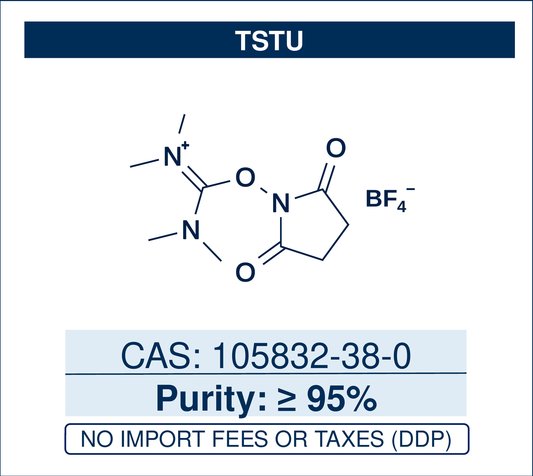 Chemical structure of TSTU, CAS 105832-38-0, ≥95% — N,N,N′,N′-tetramethyl-O-(N-succinimidyl)uronium tetrafluoroborate, a uronium coupling reagent that activates carboxylic acids as NHS esters for amide bond formation, peptide coupling and bioconjugation. Supplied by NorrChemica with DDP shipping. CoA and SDS provided.