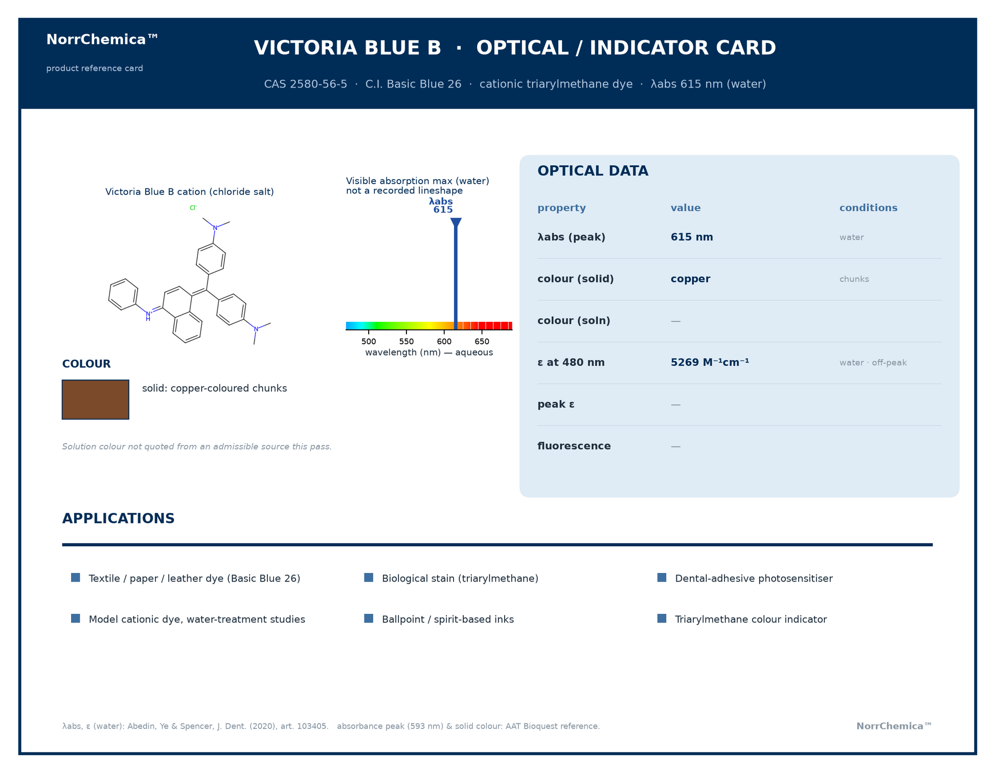 Victoria Blue B optical/indicator reference card, CAS 2580-56-5 (C.I. Basic Blue 26). Skeletal structure of the Victoria Blue B cation as its chloride salt, a cationic triarylmethane dye, with a colour swatch for the copper-coloured solid. A wavelength scale and data table give the visible absorption maximum at 615 nm in water. Applications include textile, paper and leather dyeing, biological staining, spirit-based inks, a colour indicator, and a model cationic dye in water-treatment studies.
