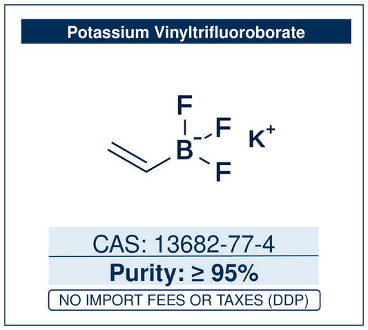 Chemical structure of Potassium Vinyltrifluoroborate, CAS 13682-77-4, ≥95% — an air-stable vinylboronic-acid surrogate for palladium- and nickel-catalysed cross-couplings reactions. Supplied by NorrChemica with DDP shipping. CoA and SDS provided.